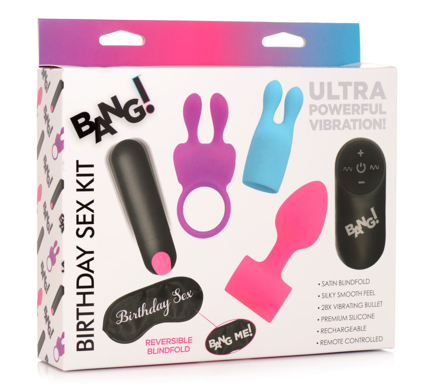 Kit sexual de cumpleaños: anillo en C, enchufe, estimulación C, bala y venda para los ojos