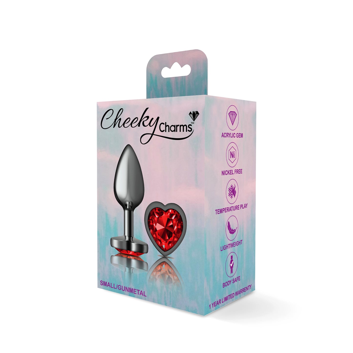 Cheeky Charms-Gunmetal Metal Butt Plug- Heart-Dark Red