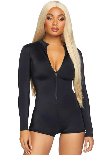 Zipper Front Long Sleeved Matte Romper - Black